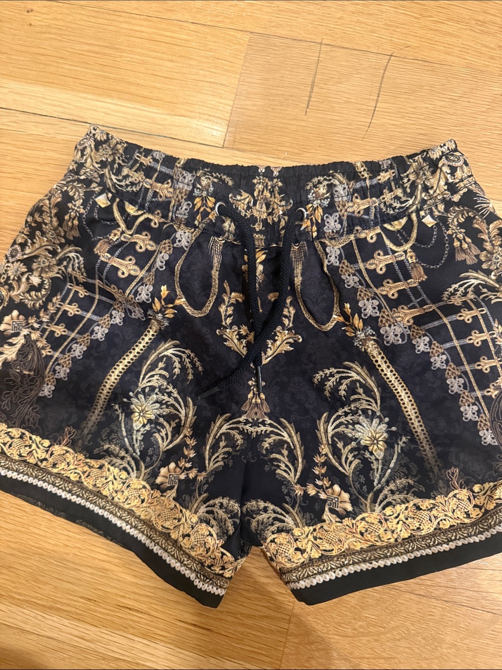 Gold Baroque Print Black Kids Shorts with Drawstring